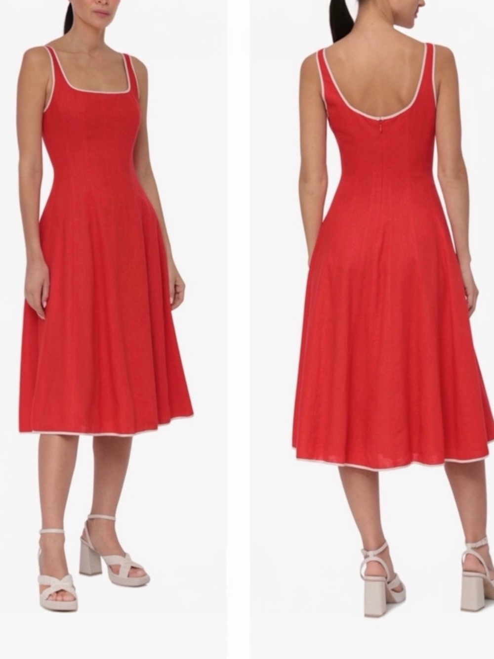 7 For All Mankind Red Linen Sleeveless Fit-n-Flare Summer Midi Dress Small NEW